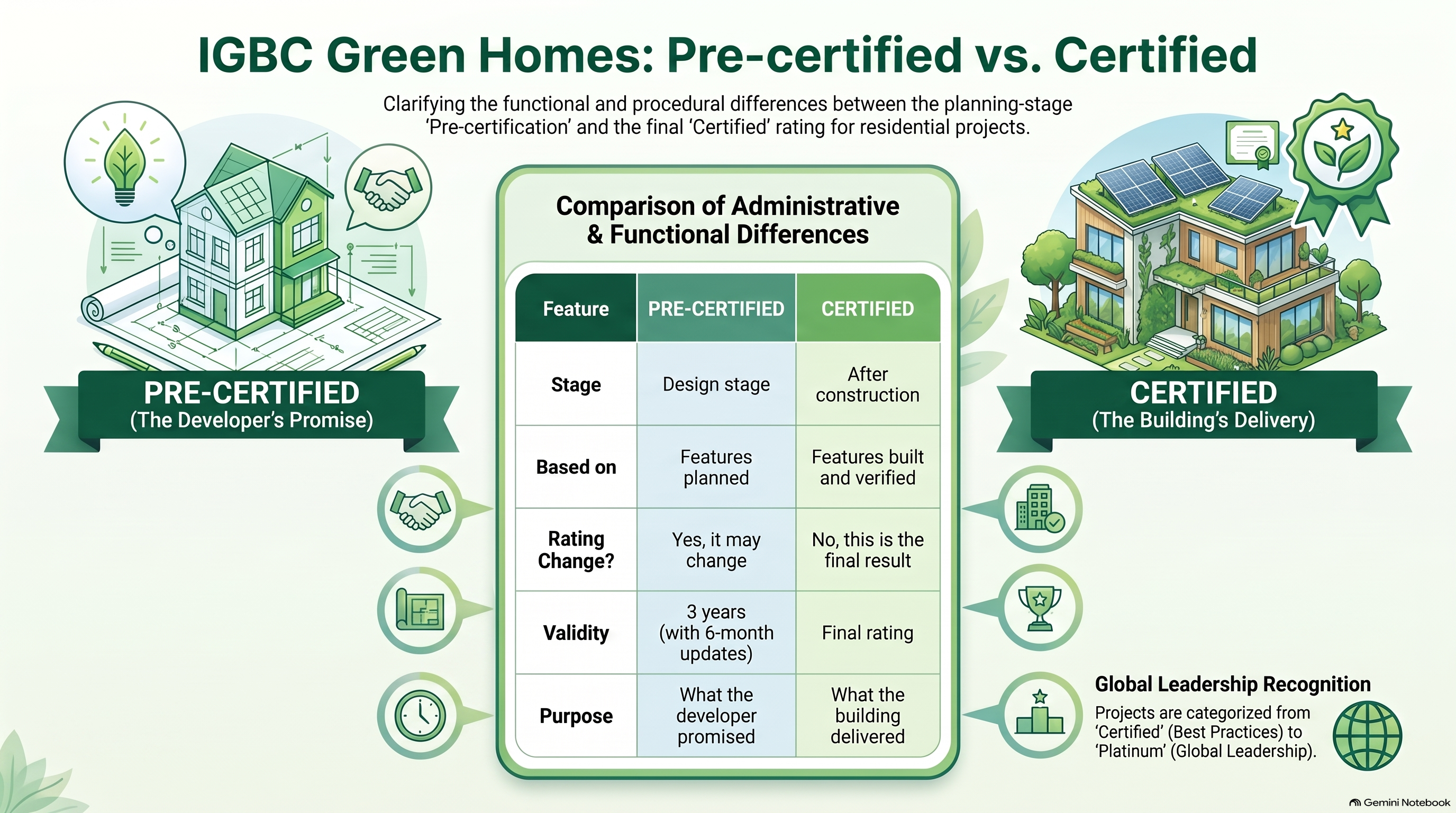 Infographic titled “IGBC Green Homes: Pre-certified vs. Certified.” It compares the two stages of IGBC Green Homes certification. On the left, an illustrated planned green house represents Pre-Certified — The Developer’s Promise. On the right, a completed green home with solar panels and a certification badge represents Certified — The Building’s Delivery. A central comparison table explains that pre-certification occurs at the design stage and is based on planned features, while final certification occurs after construction and is based on built and verified features. The graphic also compares whether the rating can change, validity, and purpose. A note on the right explains the progression from Certified (Best Practices) to Platinum (Global Leadership).