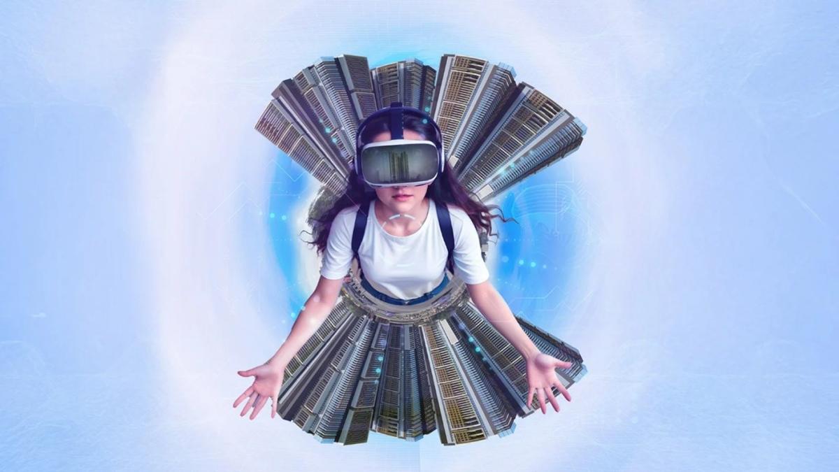 Person wearing a virtual reality headset surrounded by high-rise buildings, representing virtual property tours.