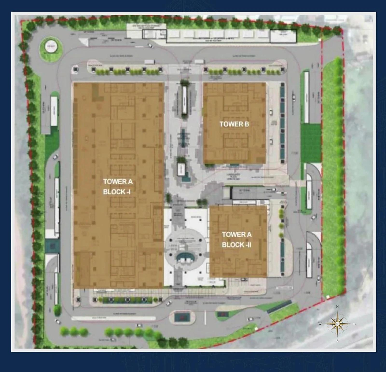 SAS iTower master plan — top-down site plan with Tower A (Block 1 + 2), Tower B and the retail block
