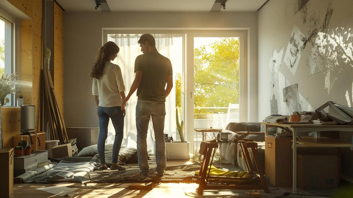 Homeowners inspecting their apartment interior after construction, planning finishing and maintenance work.