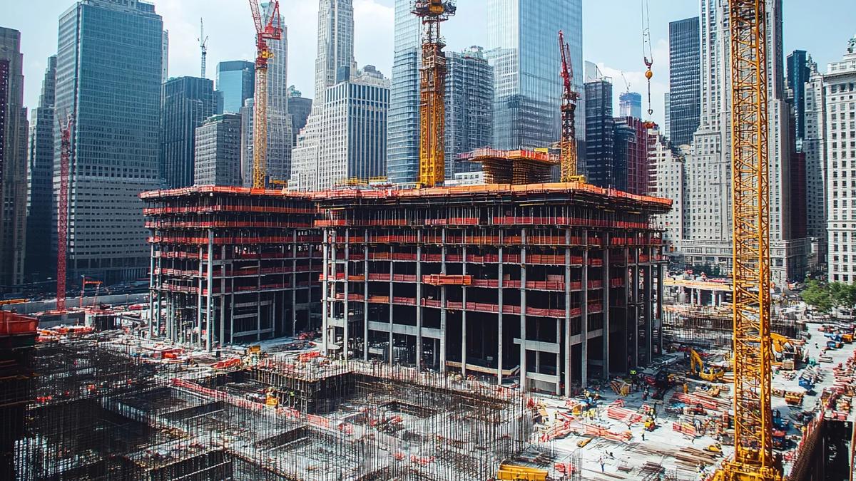 High-rise building under construction with cranes and deep foundation work in an urban setting.