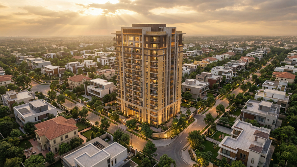 A luxury residential high-rise glowing at golden hour within an established Hyderabad neighbourhood.