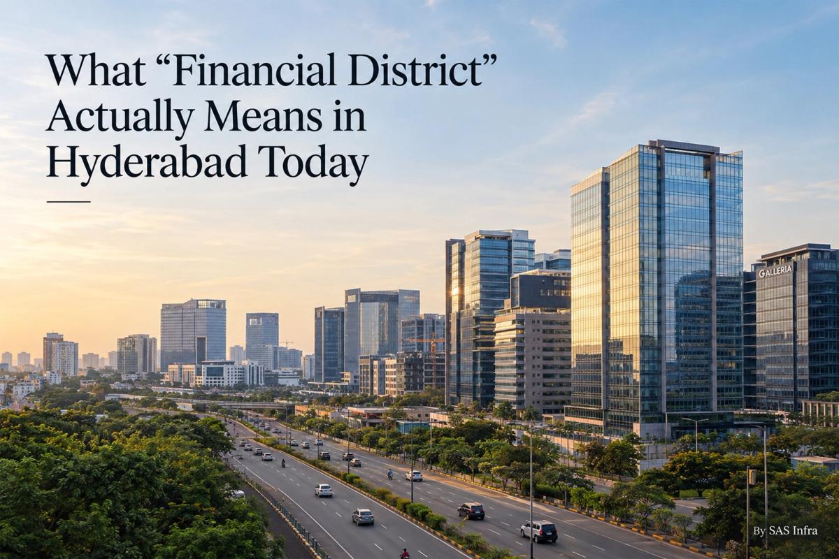 Financial district hyderabd with lot of tall buildings, skyscrapper and highways with title "What Financial District Actually Means in Hyderabad Today"