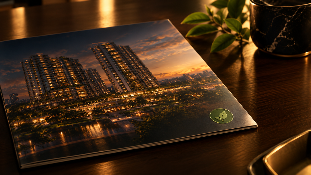Green-certified residential development in Hyderabad shown in a premium brochure with sustainable architecture and landscaped surroundings.