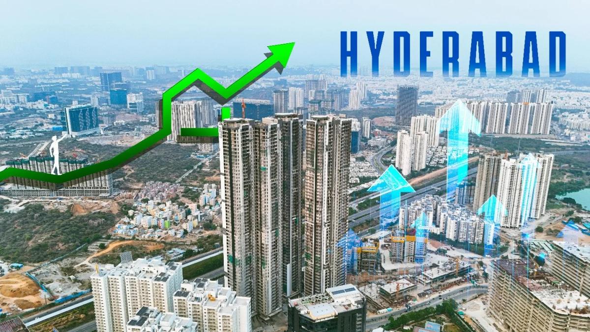 Aerial view of Hyderabad’s skyline featuring high-rise developments and upward growth indicators reflecting real estate expansion.