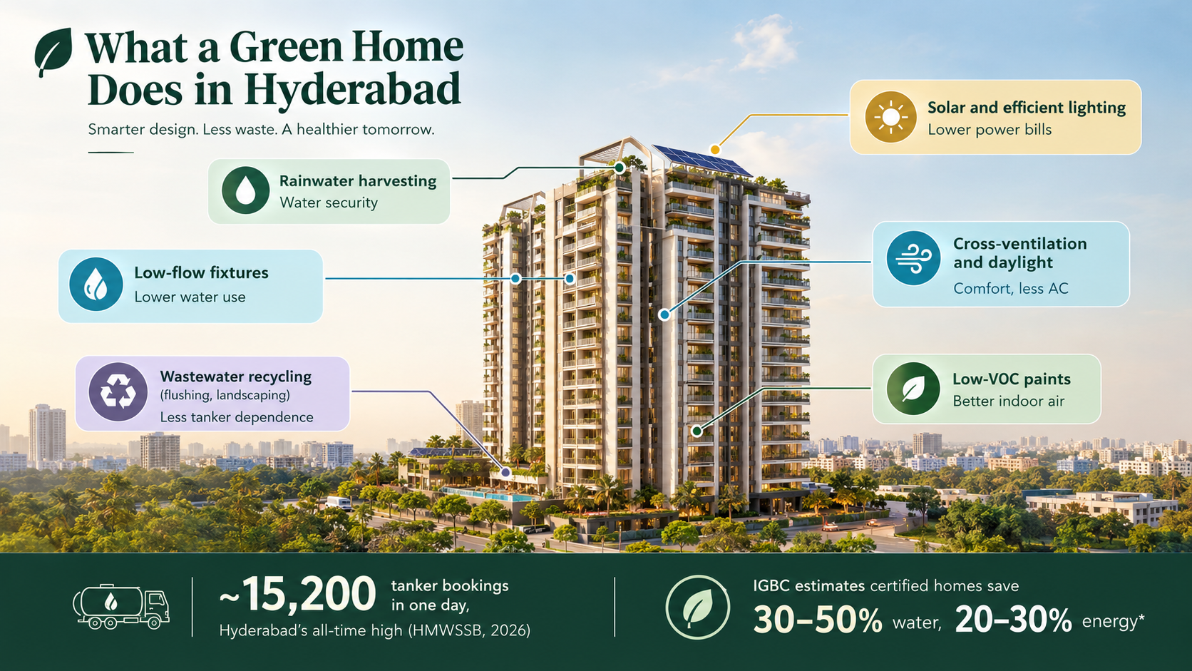 Green home in Hyderabad with sustainable features including rainwater harvesting, solar energy, water recycling, cross-ventilation, daylighting and low-VOC materials.