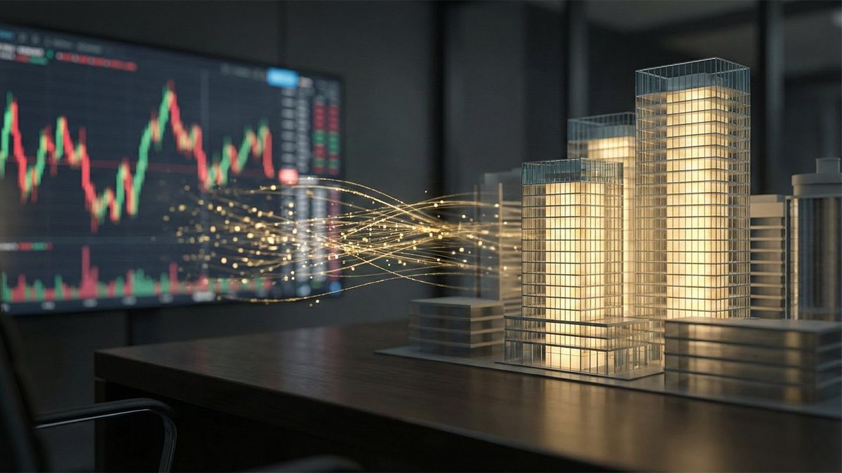 Illustration of commercial buildings connected to financial market data, symbolising capital flow into Commercial Real Estate investments.