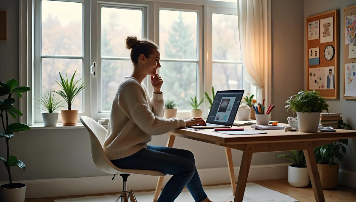 Person working on a laptop from a home workspace with natural light and indoor plants, representing remote work.
