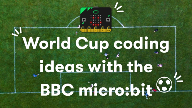 Aerial photograph of a football pitch with players on the field. A BBC micro:bit appears above the title text: "World Cup coding ideas with the BBC micro:bit", with simple football-themed graphic elements highlighting the design.