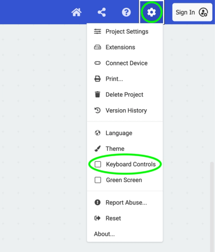 A screenshot showing the "Keyboard controls On" option in the MakeCode settings menu
