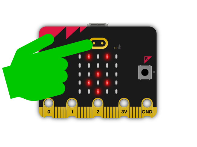 surprised face image on the micro:bit LED display as the gold logo is touched