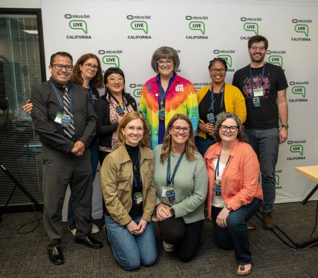 Pictured at micro:bit Live California: Rudy Escobar, Chloe Browitt, Sarah H. Chung, Sheryl Roehl, Yolanda Payne, Jonny Austin, Katie Henry, Lindsay Muñoz, and Corey Rogers