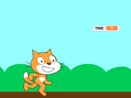 the Scratch cat running in front of a cartoon background with a timer in the top right showing zero