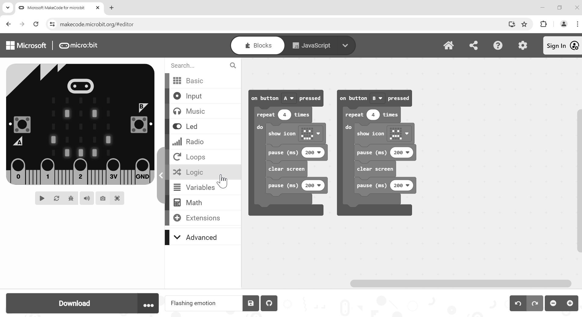 Screenshot of MakeCode with Windows greyscale colours filter applied