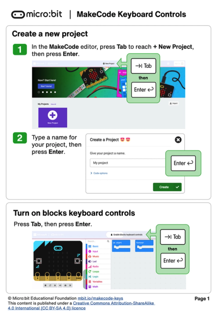 First page of the MakeCode Keyboard Controls PDF