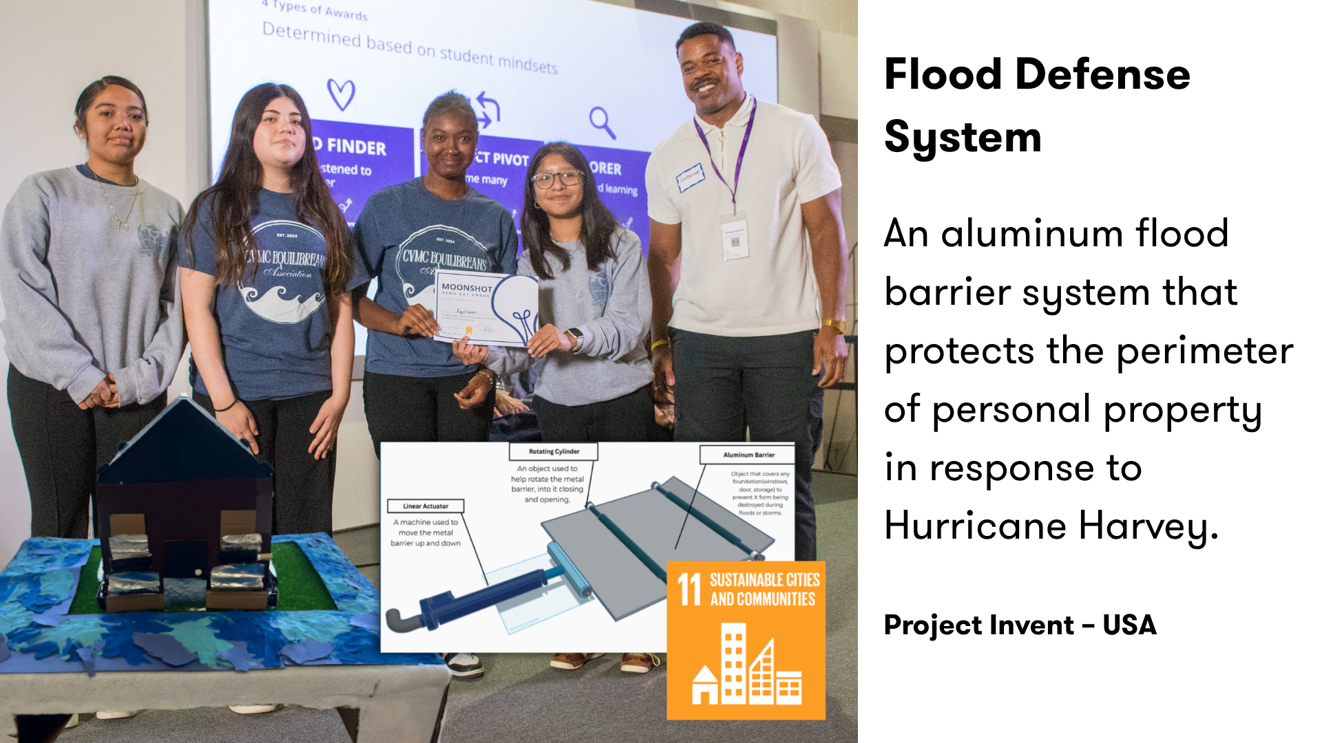Four young people and an adult present their award-winning Flood Defense System beside a model house and a diagram of the aluminium barrier. Text explains that the system protects personal property in response to Hurricane Harvey. The project supports Global Goal 11: Sustainable Cities and Communities.