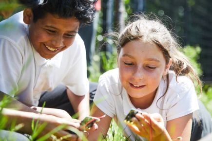 Children using micro:bit outdoors