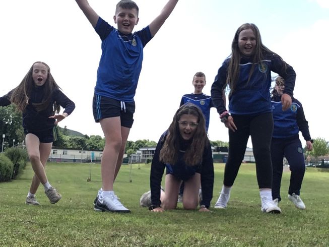 St. Mary's Primary School, Mullaghbawn pupils jump in the air as they count their steps