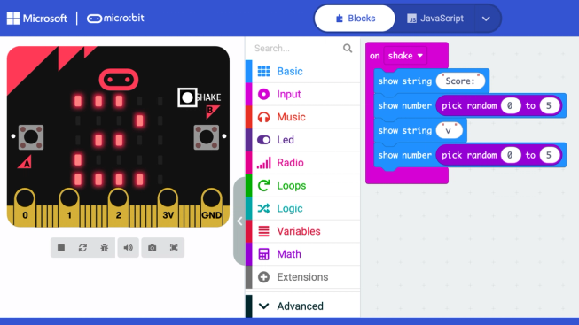 MakeCode project for a World Cup score predictor created with the BBC micro:bit. The program generates random football scores that learners can compare with their own tournament predictions.