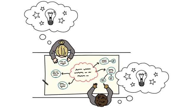 Illustration of two pupils from above, sitting at a worksheet with ideas drawn on it. Thought bubbles come out of both their heads, with lightbulbs of discovery lighting up