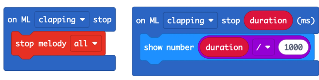 MakeCode blocks: on ML clapping stop: stop melody all; on ML clapping stop duration (ms): show number duration / 1000