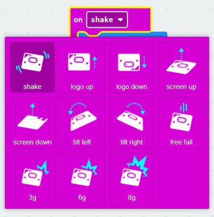 on shake block, with a dropdown to change the input to difference gestures including logo up, screen down, tilt left, etc