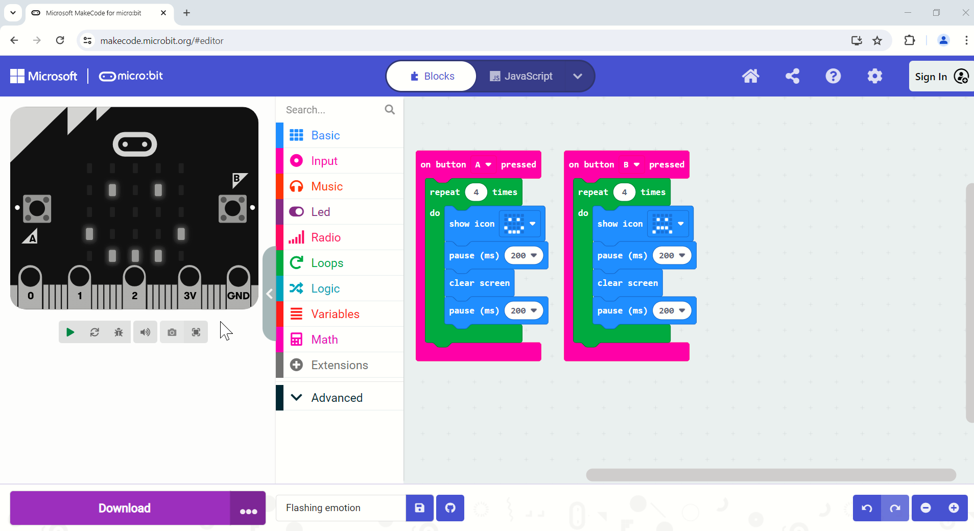 Screenshot of MakeCode with Windows red-green colour blindness filter 1 applied