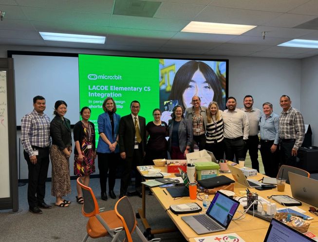 Representatives from LACOE and Micro:bit Educational Foundation collaborating in a workshop in April 2025