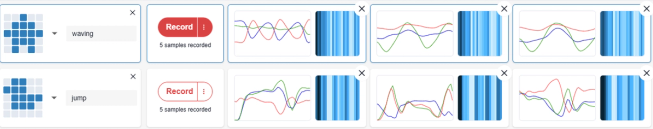 Screenshot showing Data features for each set of collected data. The data features are displayed next to the x, y and z line graphs as horizontal stripes of dirrerent shaded of blue with different thicknesses. Each stripe represents a different numerical value.