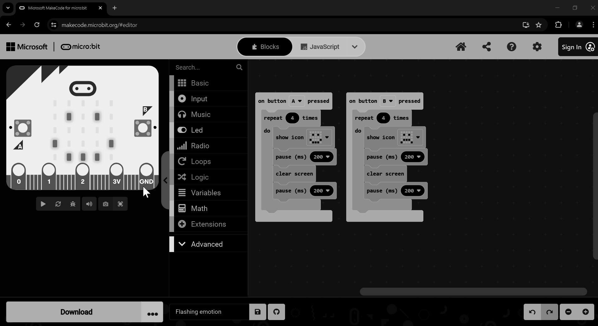 Screenshot of MakeCode with Windows inverted greyscale colours filter applied