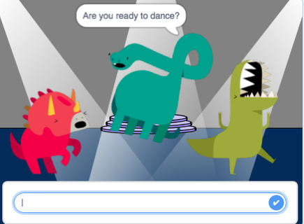three cartoon dinosaurs under spotlights with one asking, "Are you ready to dance?"