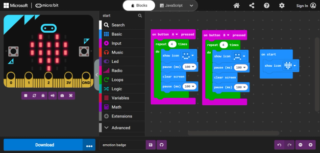 Screenshot showing dark theme in MakeCode