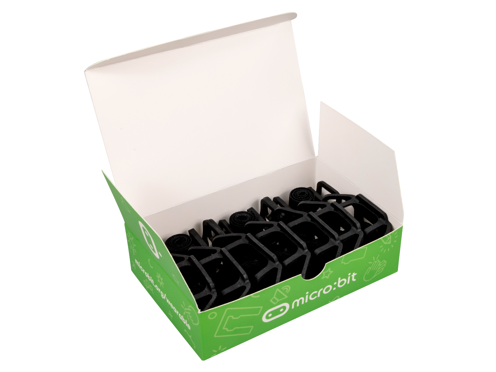 Image of an open pack of 10 micro:bit wearables showing the 10 flexible holders and straps inside