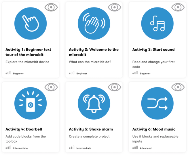 Screenshot showing six screen reader activities for the micro:bit: Beginner text tour, Welcome to the micro:bit, Start sound, Doorbell, Shake alarm and Mood music.