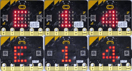 Six micro:bits displaying E, 1, and 4. Top row shows standard LEDs where unlit dots are visible. Bottom row shows the same displays with a diffuser that hides unlit LEDs, making the shapes clearer and easier to read.