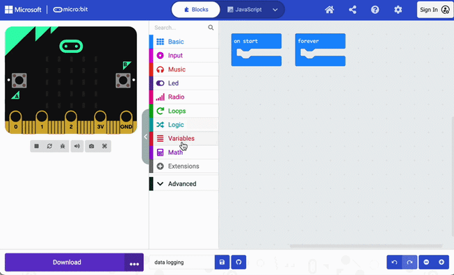 Screen recording demonstrating the steps to find and add the 'datalogger' extension within the MakeCode editor