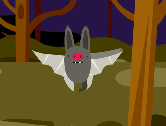 Foto de ecrã do projeto Scratch - morcego no bosque