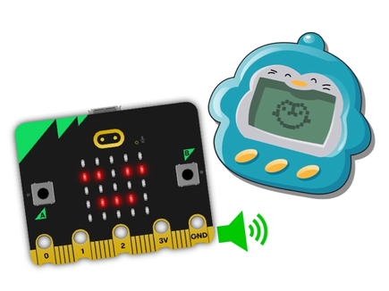a micro:bit showing an asleep face on its LED display next to an electronic virtual pet toy