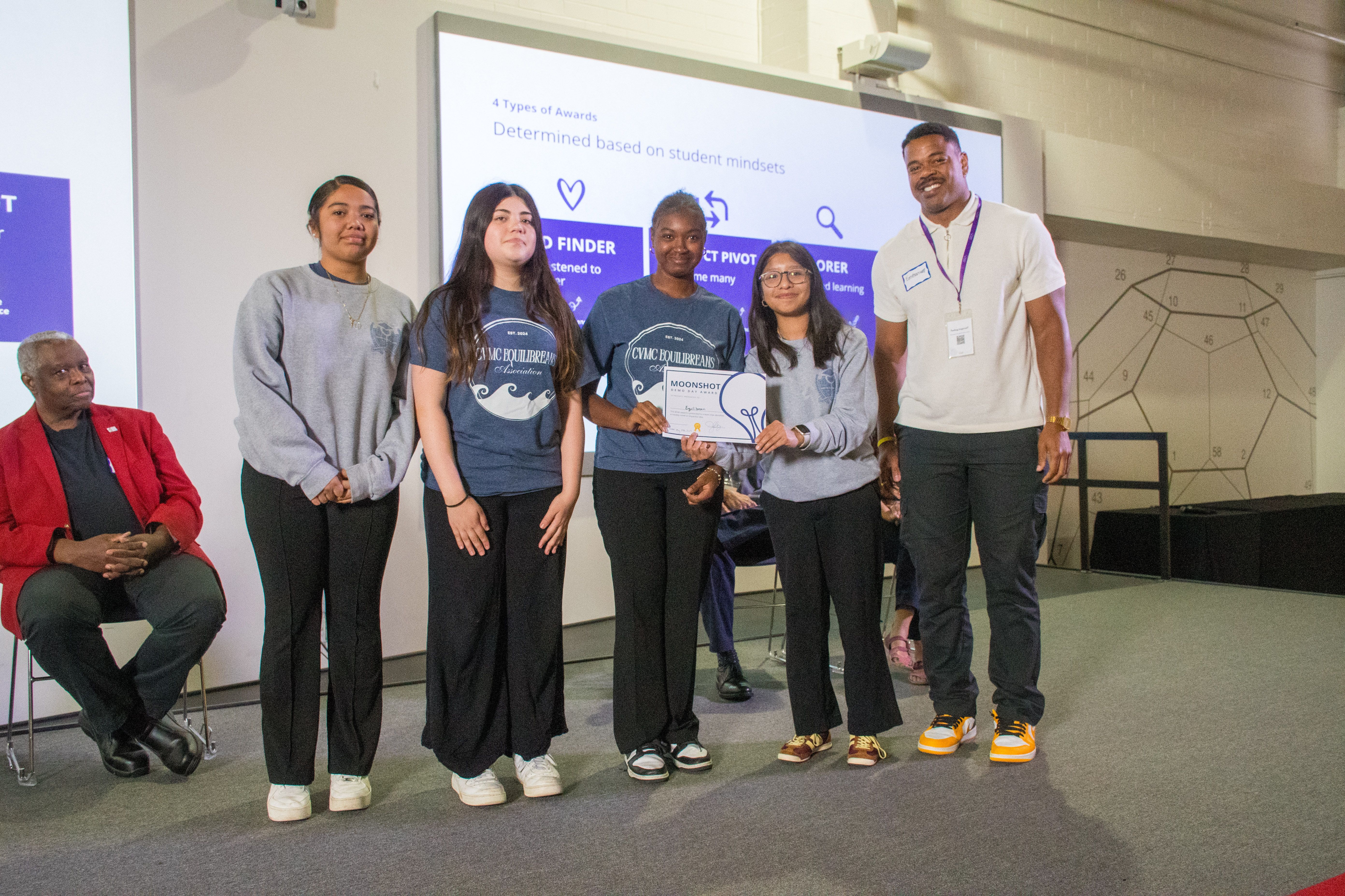 Students post in front of a screen after presenting their Equilibreans project.