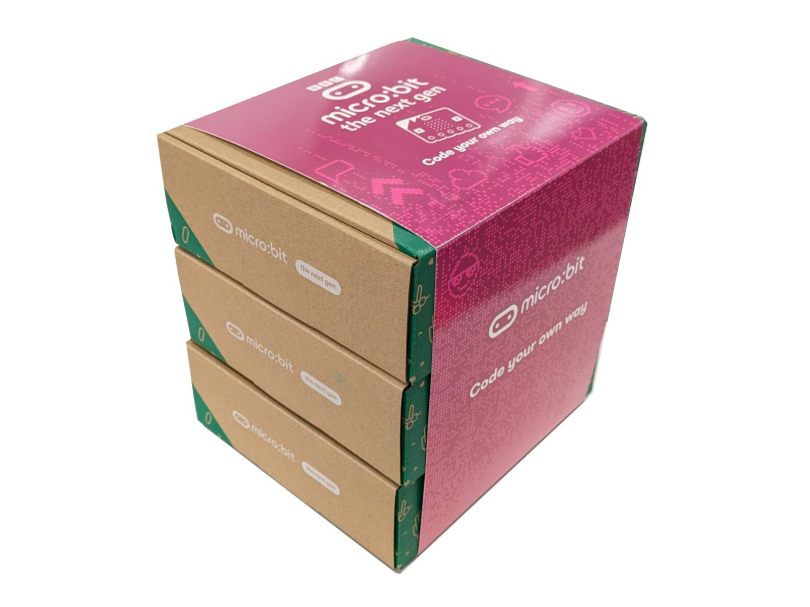 Three micro:bit boxes are stacked on top of each other, and wrapped in a pink BBC micro:bit - the next gen sleeve
