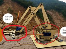 Labeled prototype of the small vehicle-mounted robotic arm Micro Rescue Robotic Vehicle.