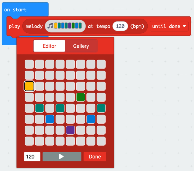 A screenshot of the ‘play melody’ block editor with 8 notes selected. The editor uses a grid layout with columns representing the note and rows presenting the pitch.