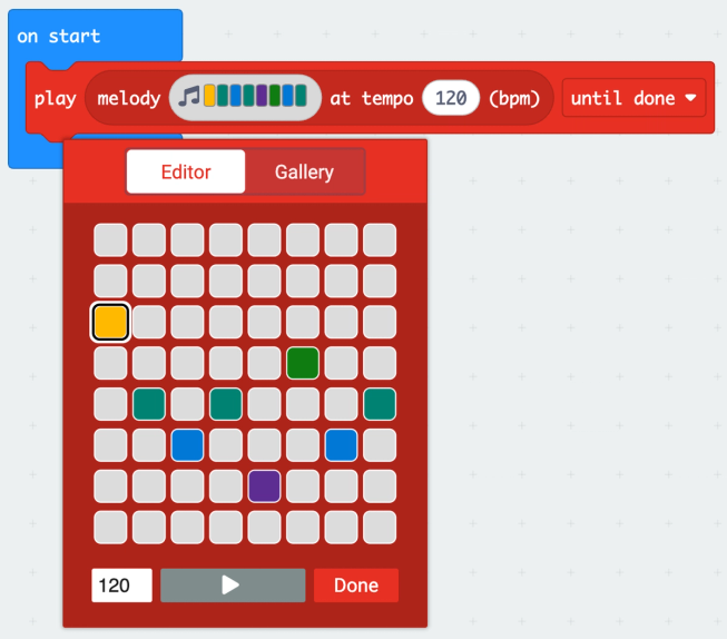 A screenshot of the ‘play melody’ block editor with 8 notes selected. The editor uses a grid layout with columns representing the note and rows presenting the pitch.