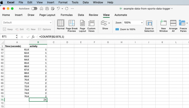 Data from the AI sports data logger in an Excel spreadsheet containing a formula to count activity 1 (walking)