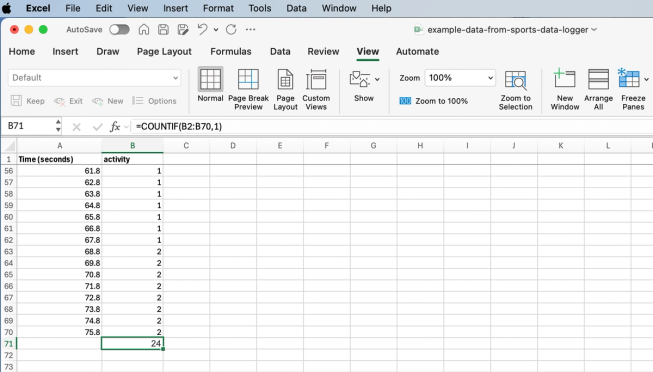 Data from the AI sports data logger in an Excel spreadsheet containing a formula to count activity 1 (walking)