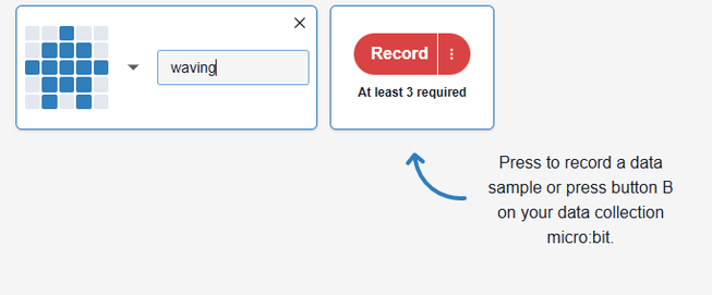 Screenshot of a named action and the record button with instructions, press to record a data sample or press button B on your data collection micro:bit.