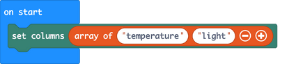 MakeCode blocks: on start set columns array of "temperature" "light"