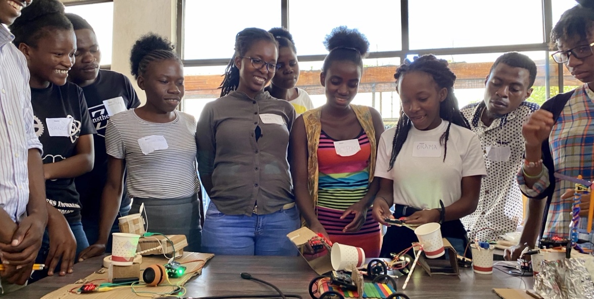 Students examining micro:bit projects