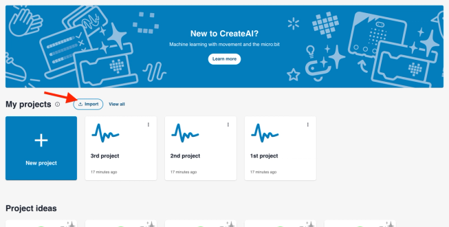 Screenshot of the CreateAI home page with a red arrow pointing to a 'Import' button.