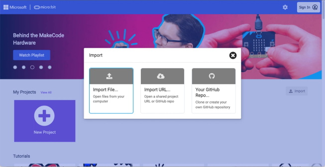 Screenshot showing opening where to import the downloaded file in MakeCode